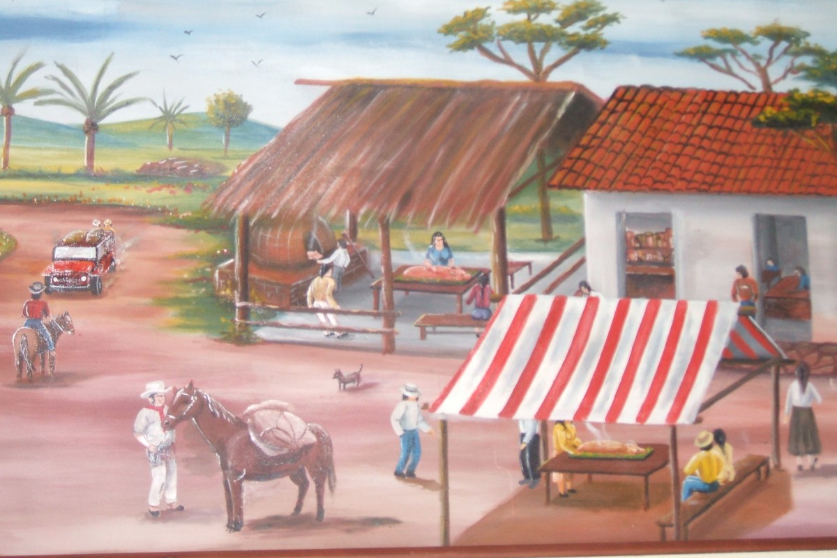 Pintura de una casa, una carpa, un caballo, y una lechona servida