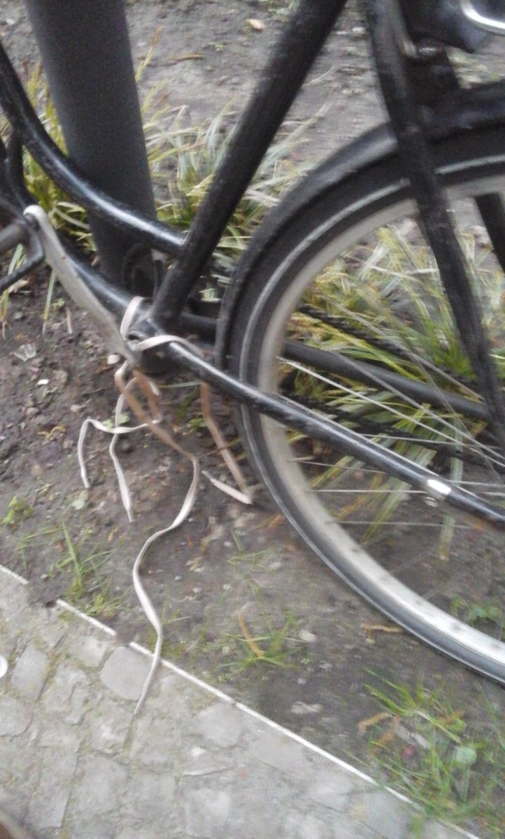 Detalle de pedal de una bicicleta dañada, y unos cordones de zapatos